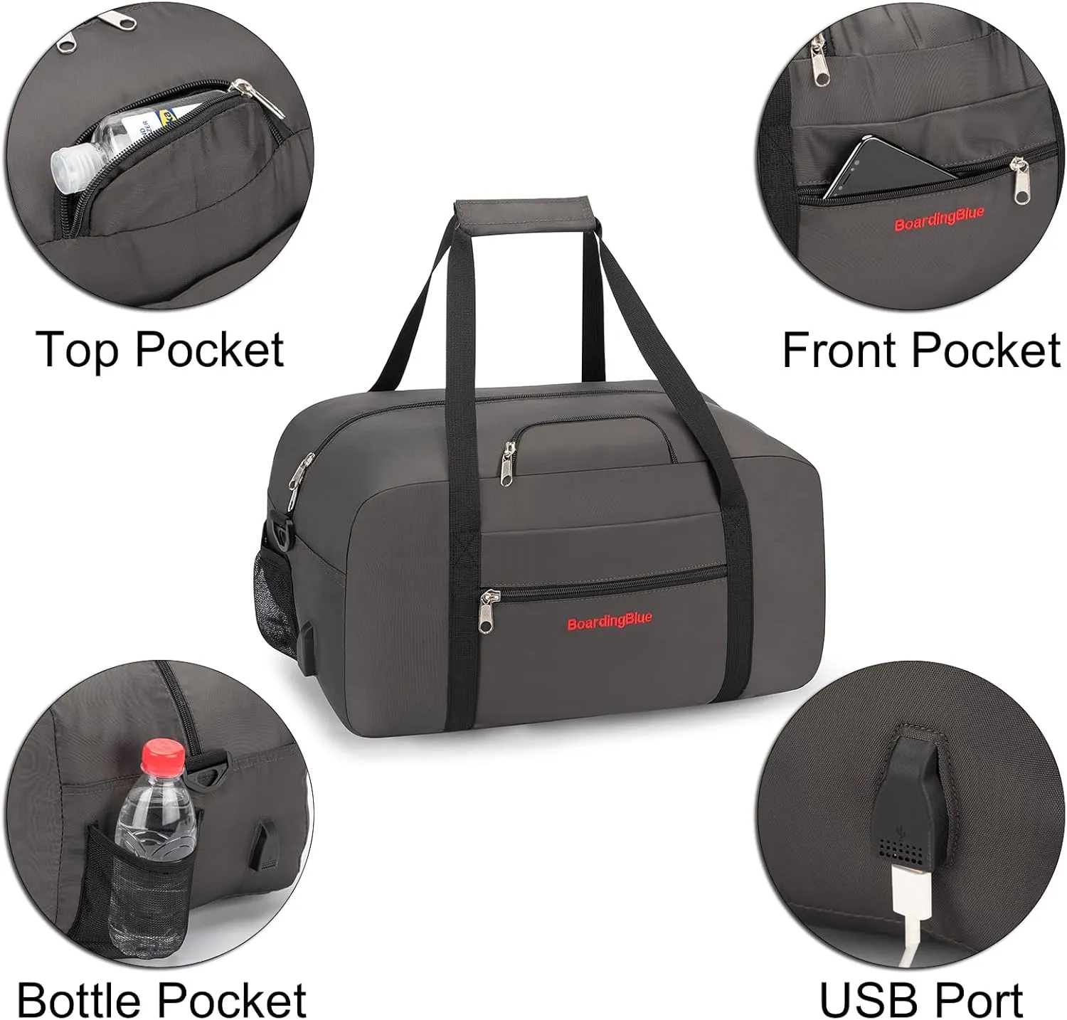 17x10x9 United Airline Personal Item Under Seat Duffel Bag With Free Pillow And USB Port (Grey)