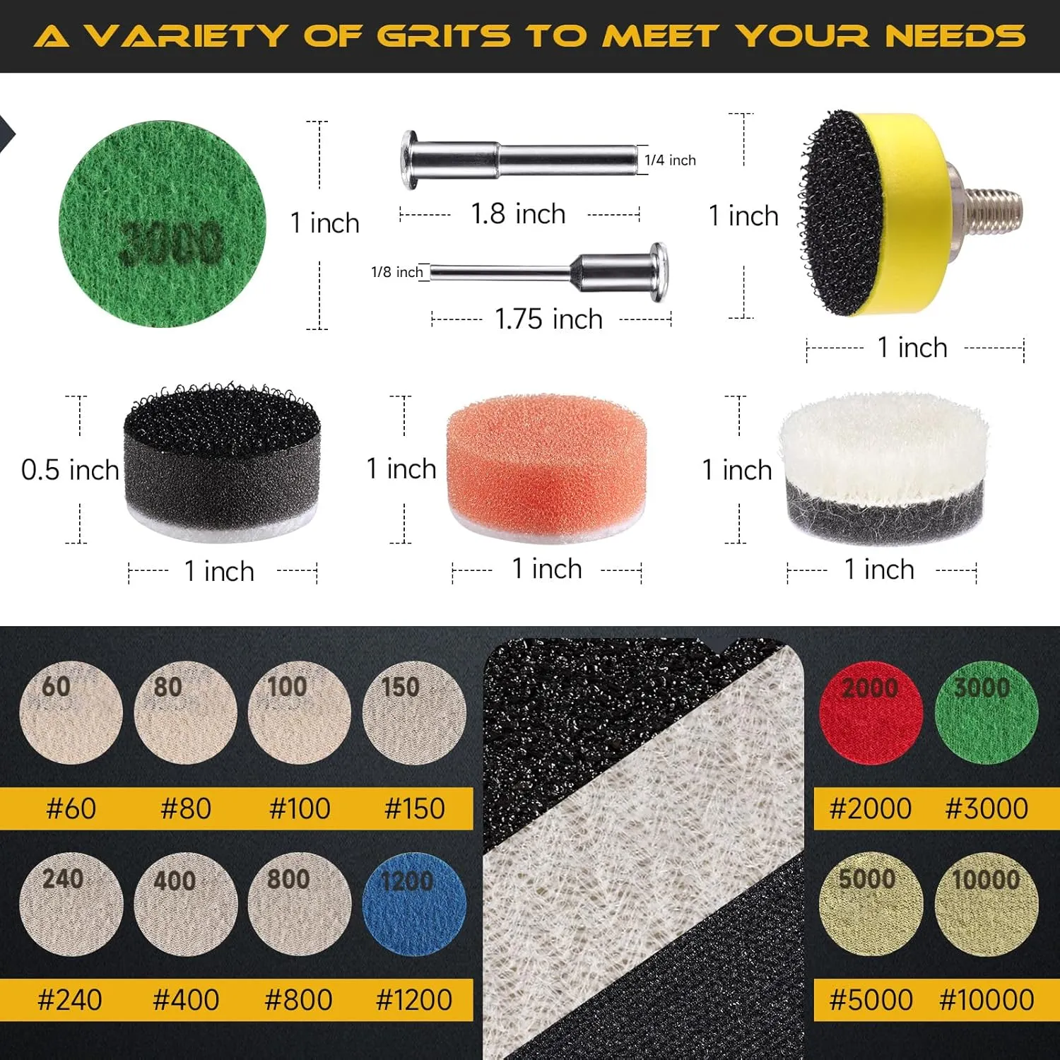 188 PCS 1 Inch Sanding Disc, GOH DODD Hook and Loop 60 to 10000 Grit Wet Dry Sandpaper Micro Sand Paper with 1/8" 1/4" Shank, Backing Pad, Polishing Pads, Foam Sanding Pads for Auto Wood Metal Jewelry