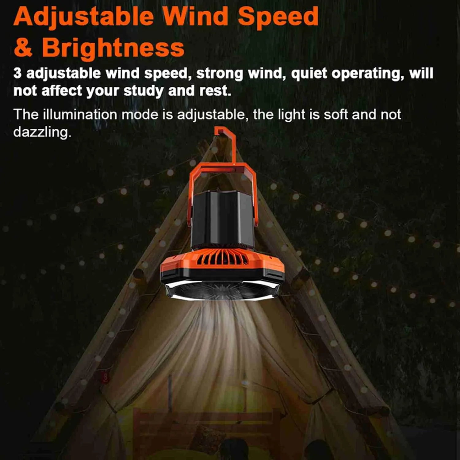 2-in-1 Outdoor Fan, Camping Lamp with 3 Wind Speeds and 3 Brightness Levels for Home Office Picnic Fishing