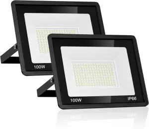 2 Pack 100W LED Flood Light Outdoor, IP66 Waterproof Exterior Security Lights, 13000LM Super Bright LED Work Light, 6500K Daylight White Outside Floodlights for Playground Yard Stadium Lawn