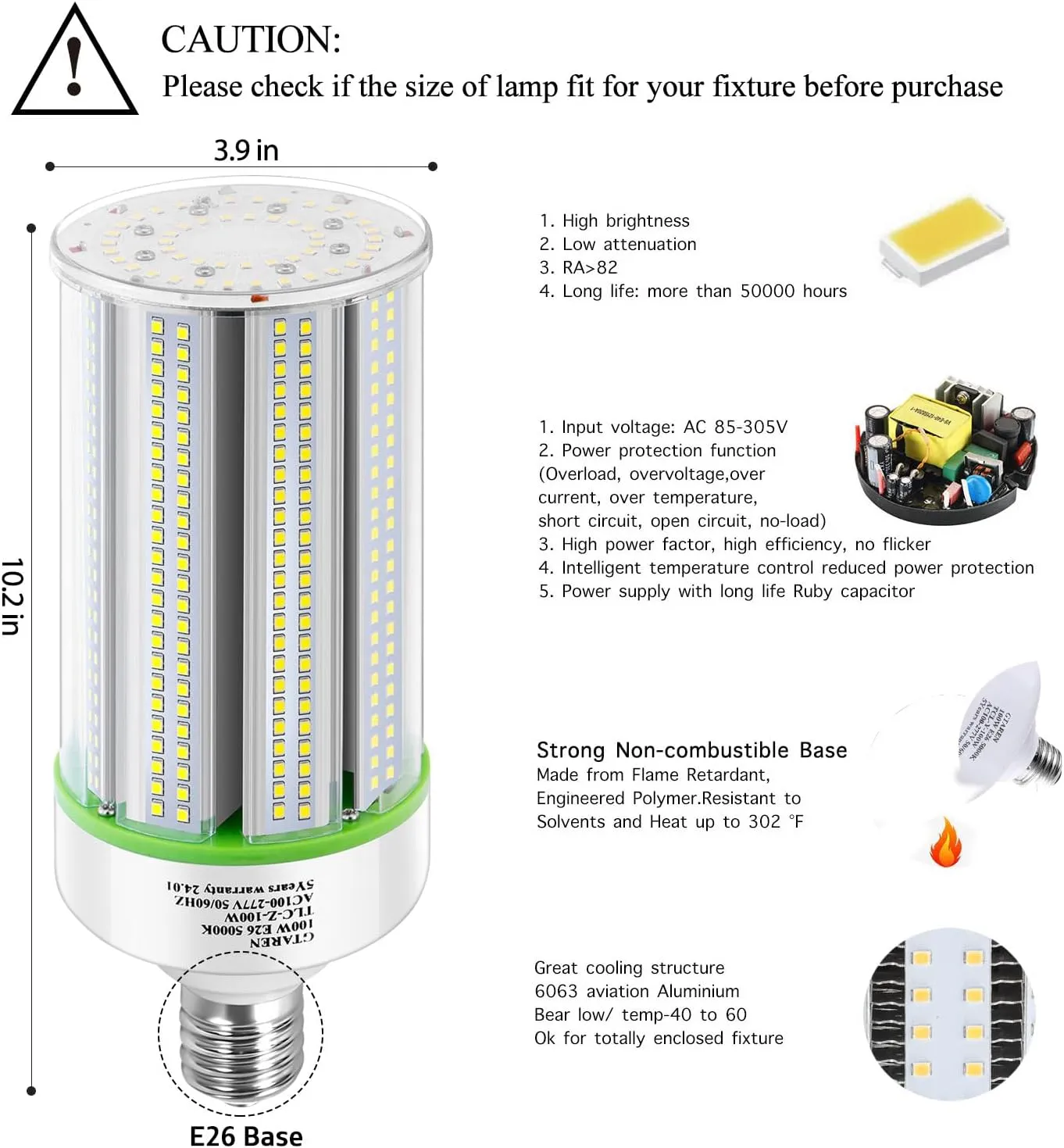 2-Pack 60W Super Bright 5000k LED Corn Light Bulb, E26/E39 Base, Replacement for CFL, Metal Halide, HID, HPS, Street, Basement, Yard, Warehouse, Workshop, High Bay, Gym