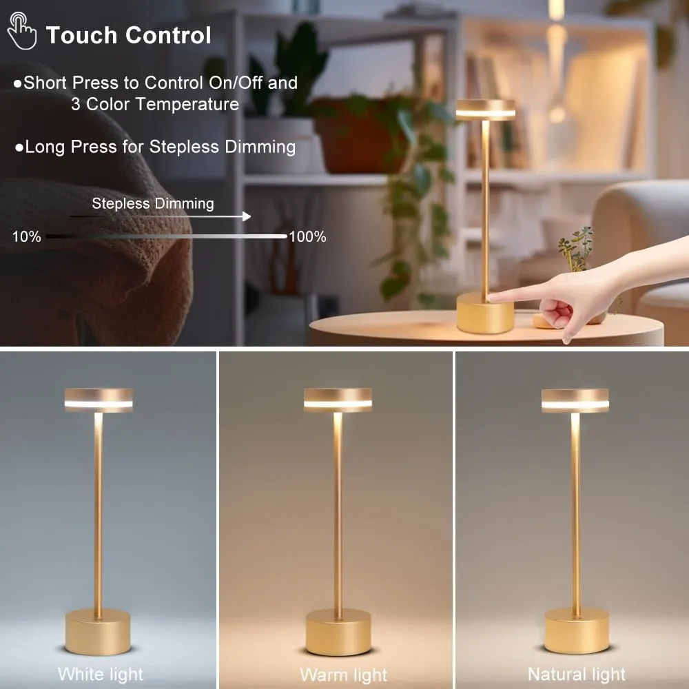 2 Pack Aluminum Cordless Table Lamp, 5000mAh Rechargeable Table Lamps, Portable Touch Control Desk Lamp, 3-Level Brightness Cordless Rechargeable Table Lamps for Home Restaurant Outdoor - Gold