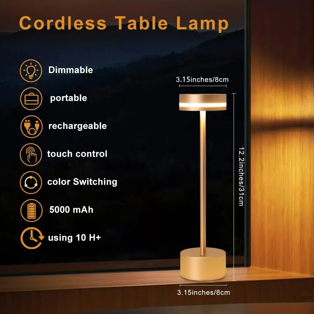 2 Pack Aluminum Cordless Table Lamp, 5000mAh Rechargeable Table Lamps, Portable Touch Control Desk Lamp, 3-Level Brightness Cordless Rechargeable Table Lamps for Home Restaurant Outdoor - Gold