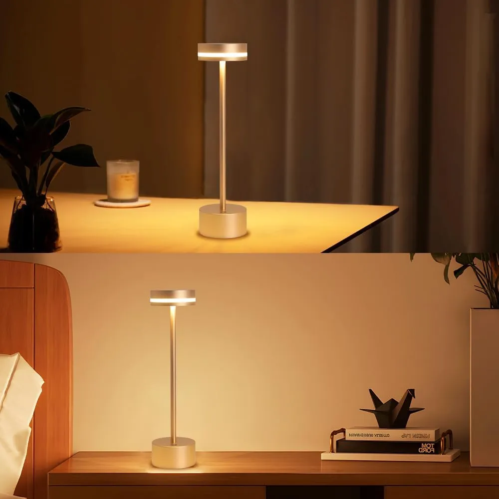 2 Pack Aluminum Cordless Table Lamp, 5000mAh Rechargeable Table Lamps, Portable Touch Control Desk Lamp, 3-Level Brightness Cordless Rechargeable Table Lamps for Home Restaurant Outdoor - Gold