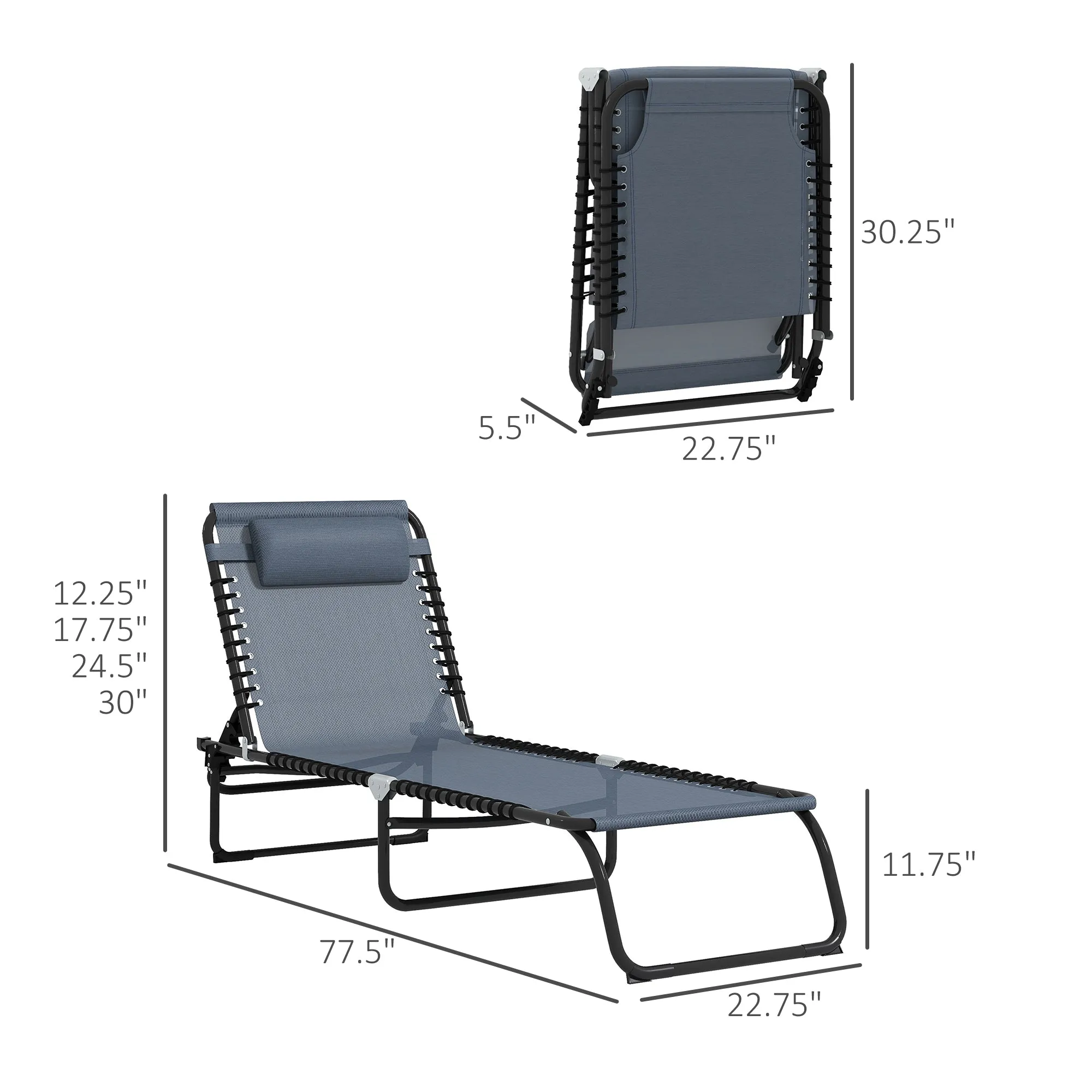 2-Pack Folding Chaise Lounge Pool Chairs, 4-Position Reclining, Bungee Seat with Pillow, Gray