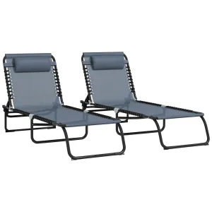 2-Pack Folding Chaise Lounge Pool Chairs, 4-Position Reclining, Bungee Seat with Pillow, Gray