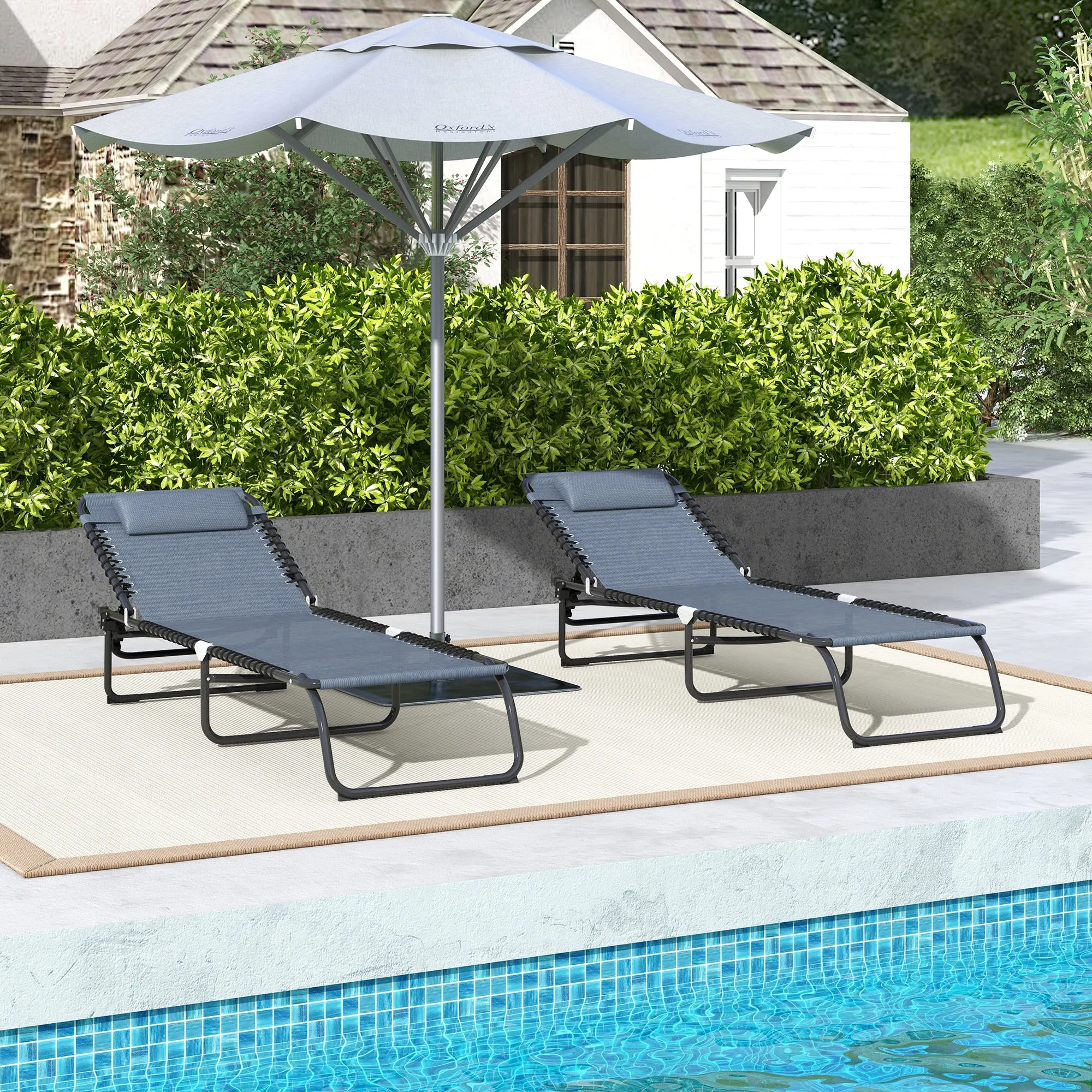 2-Pack Folding Chaise Lounge Pool Chairs, 4-Position Reclining, Bungee Seat with Pillow, Gray
