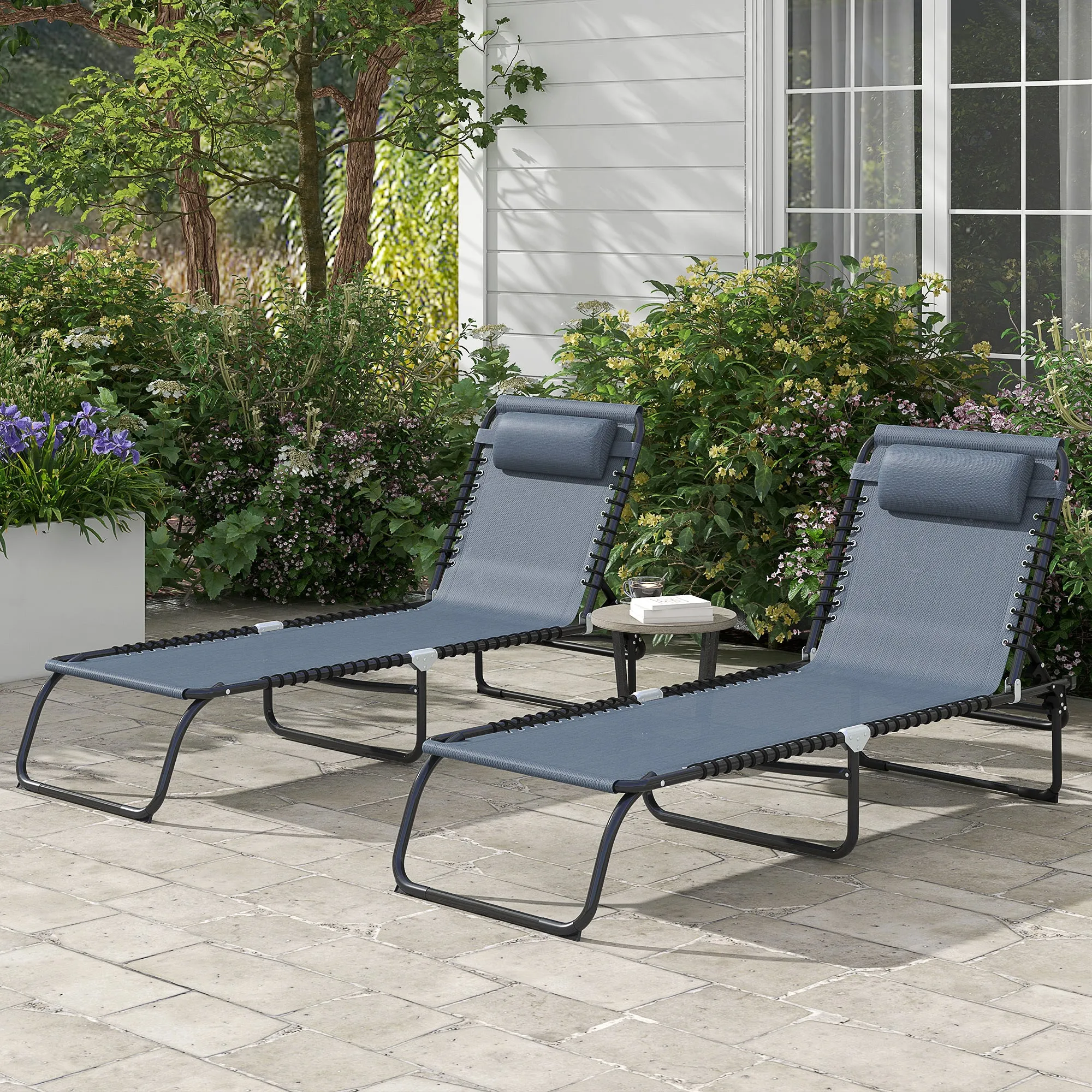 2-Pack Folding Chaise Lounge Pool Chairs, 4-Position Reclining, Bungee Seat with Pillow, Gray