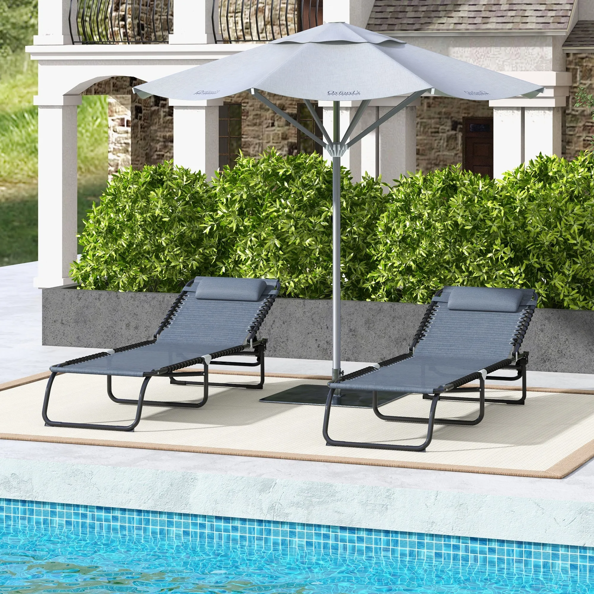 2-Pack Folding Chaise Lounge Pool Chairs, 4-Position Reclining, Bungee Seat with Pillow, Gray