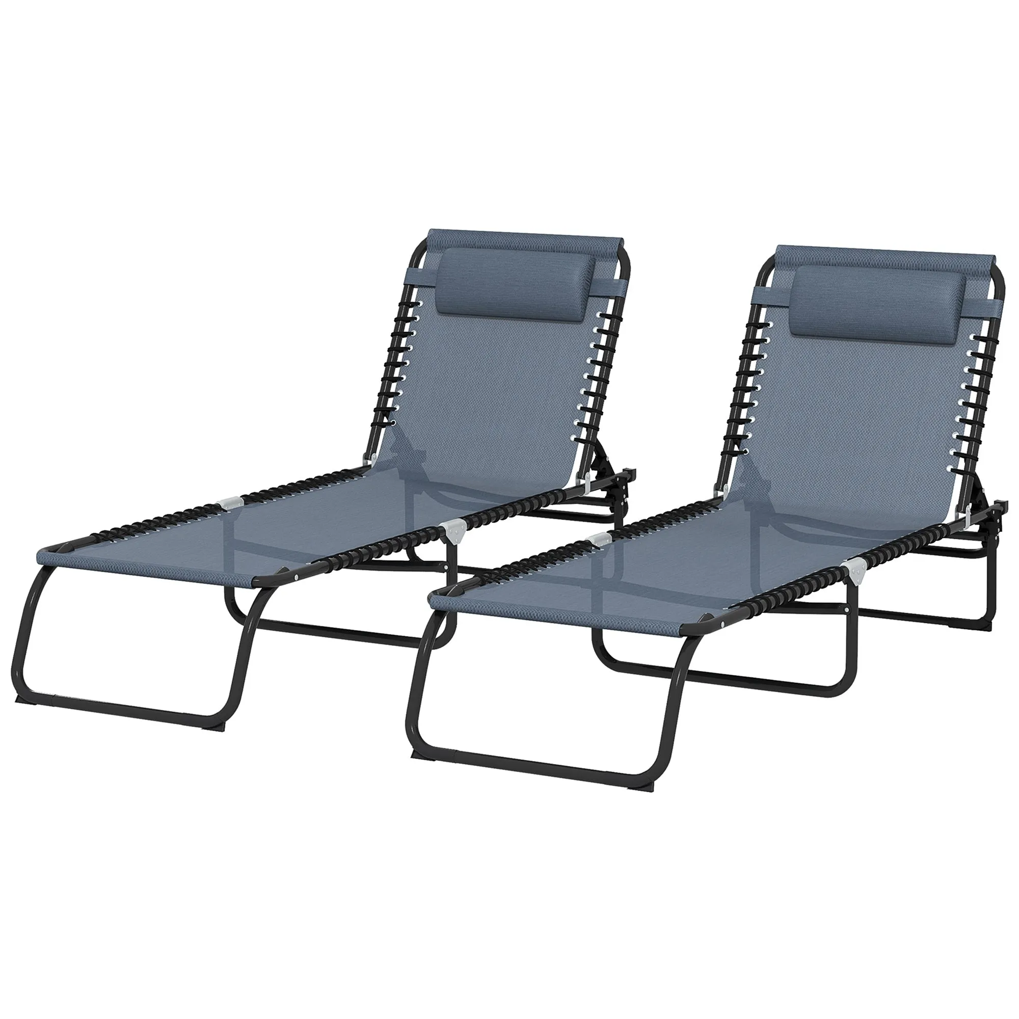2-Pack Folding Chaise Lounge Pool Chairs, 4-Position Reclining, Bungee Seat with Pillow, Gray