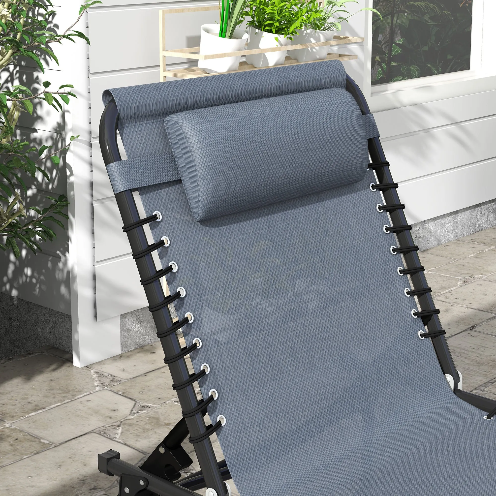 2-Pack Folding Chaise Lounge Pool Chairs, 4-Position Reclining, Bungee Seat with Pillow, Gray