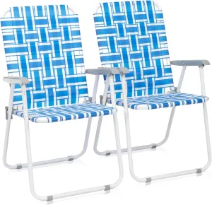 2 Pack Patio Folding Lawn Chairs for Adults,Outdoor/Indoor Portable Beach Chair,Folding Webbed Lawn Beach Chair,Foldable Camping Chairs,Supports 264 lbs,for Garden, Travel (Blue, 55x62x92.5cm)