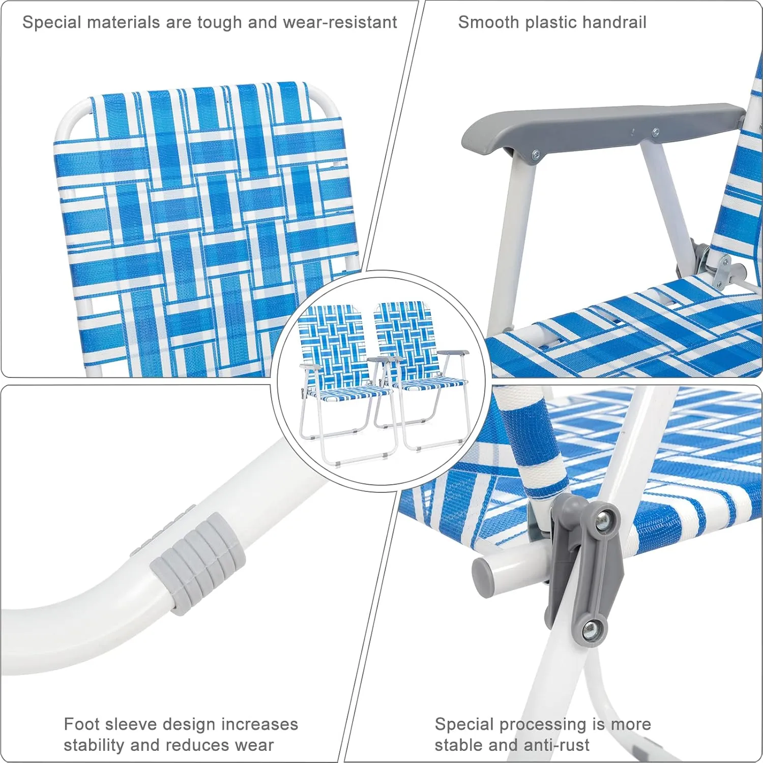 2 Pack Patio Folding Lawn Chairs for Adults,Outdoor/Indoor Portable Beach Chair,Folding Webbed Lawn Beach Chair,Foldable Camping Chairs,Supports 264 lbs,for Garden, Travel (Blue, 55x62x92.5cm)