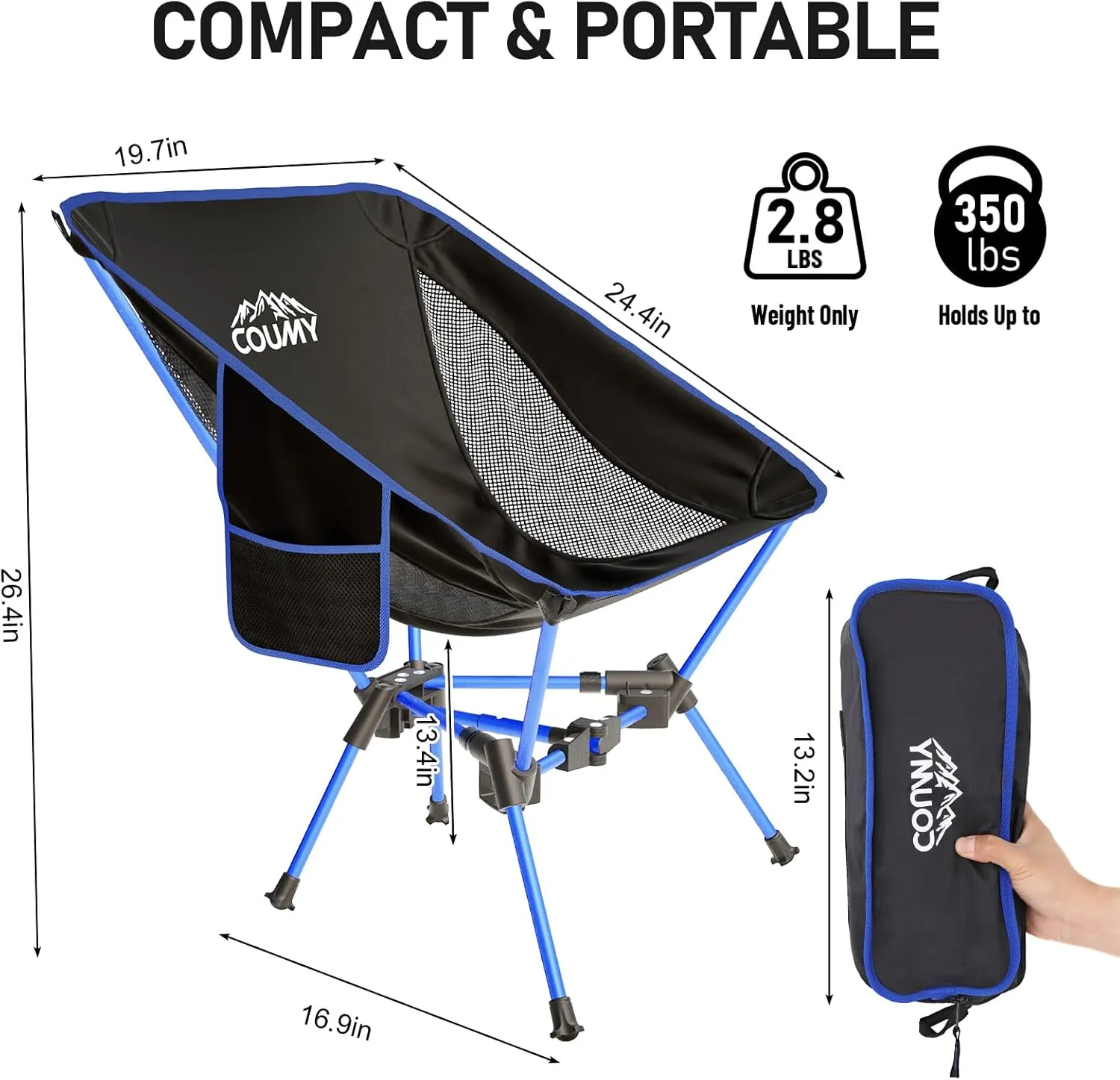 2 Pack Portable Camping Chair,Compact Foldable Chairs with Side Pockets Aluminum Alloy Outdoor Lawn Chair with Carry Bag for Beach Hiking Fishing(Blue)