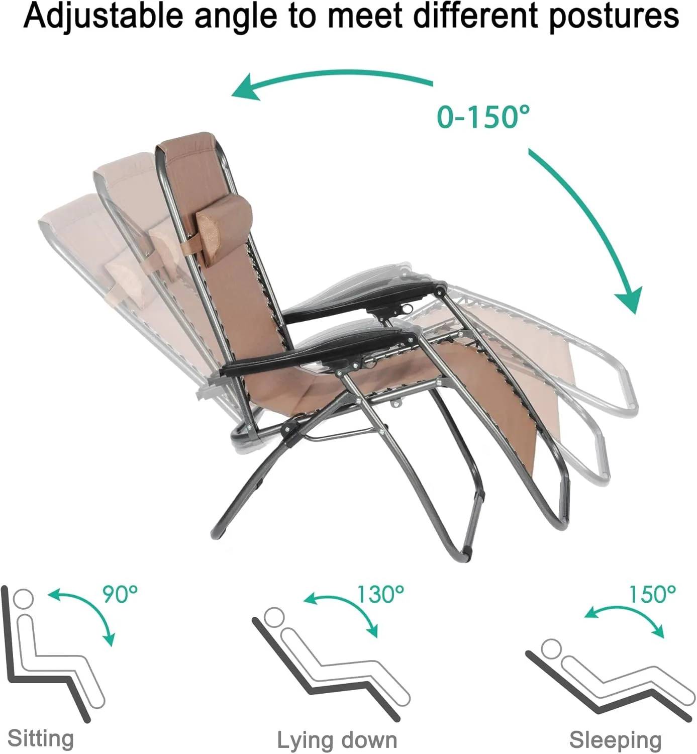 2-Pack Zero Gravity Lounge Chairs with Removable Pillow, Outdoor Furniture Breathable Folding Adjustable Recliners Lounge Chair, Brown