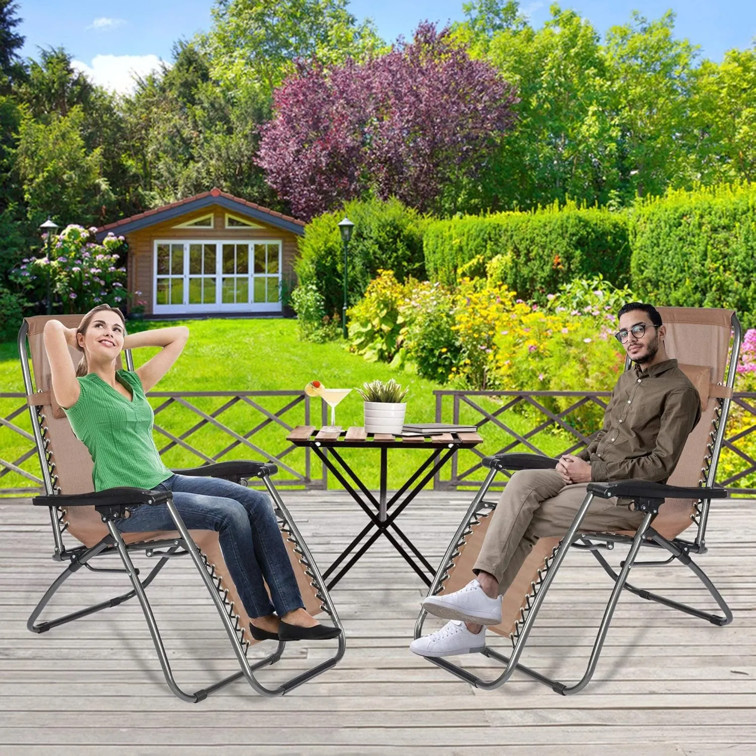 2-Pack Zero Gravity Lounge Chairs with Removable Pillow, Outdoor Furniture Breathable Folding Adjustable Recliners Lounge Chair, Brown
