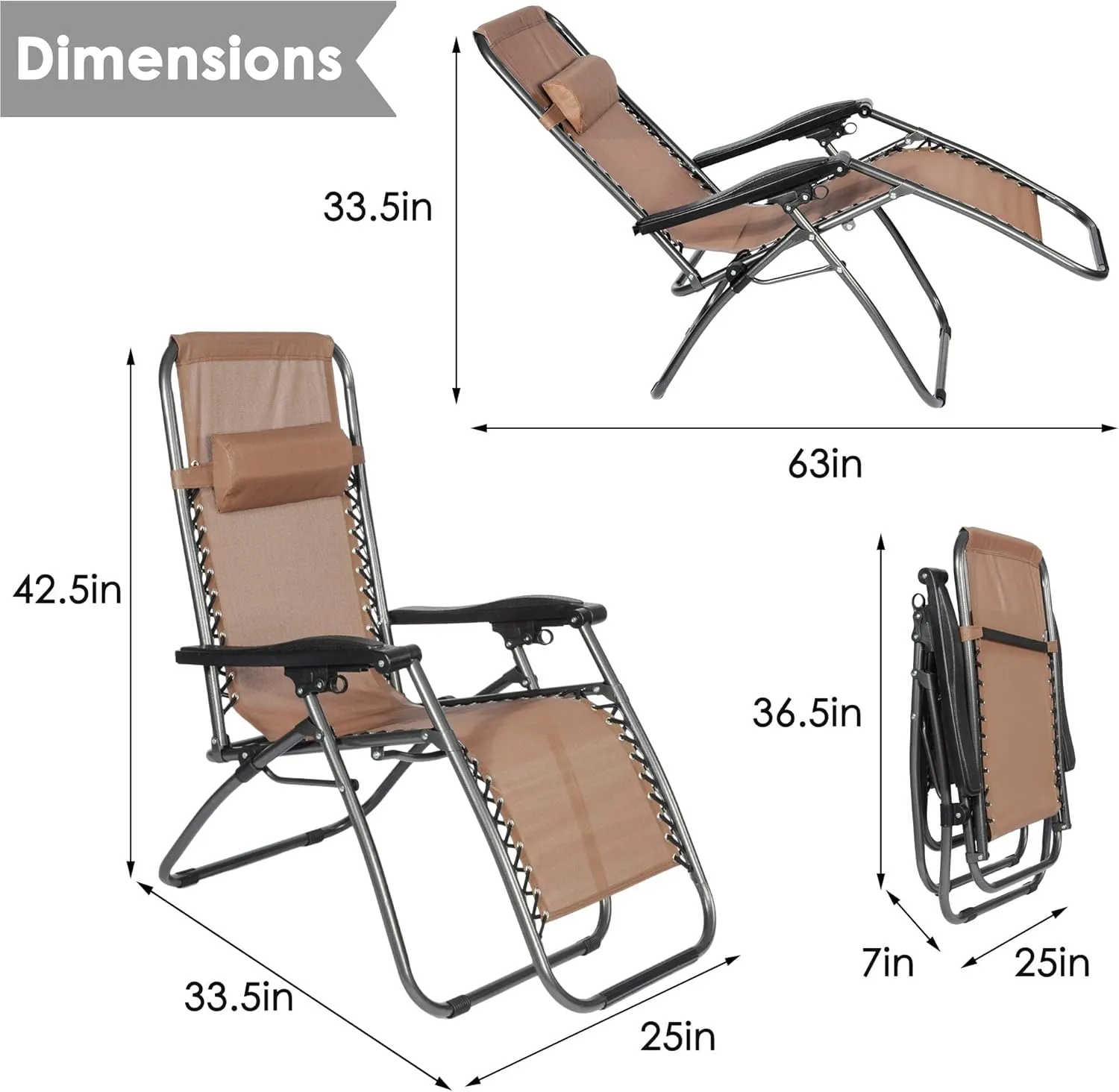 2-Pack Zero Gravity Lounge Chairs with Removable Pillow, Outdoor Furniture Breathable Folding Adjustable Recliners Lounge Chair, Brown
