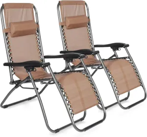 2-Pack Zero Gravity Lounge Chairs with Removable Pillow, Outdoor Furniture Breathable Folding Adjustable Recliners Lounge Chair, Brown