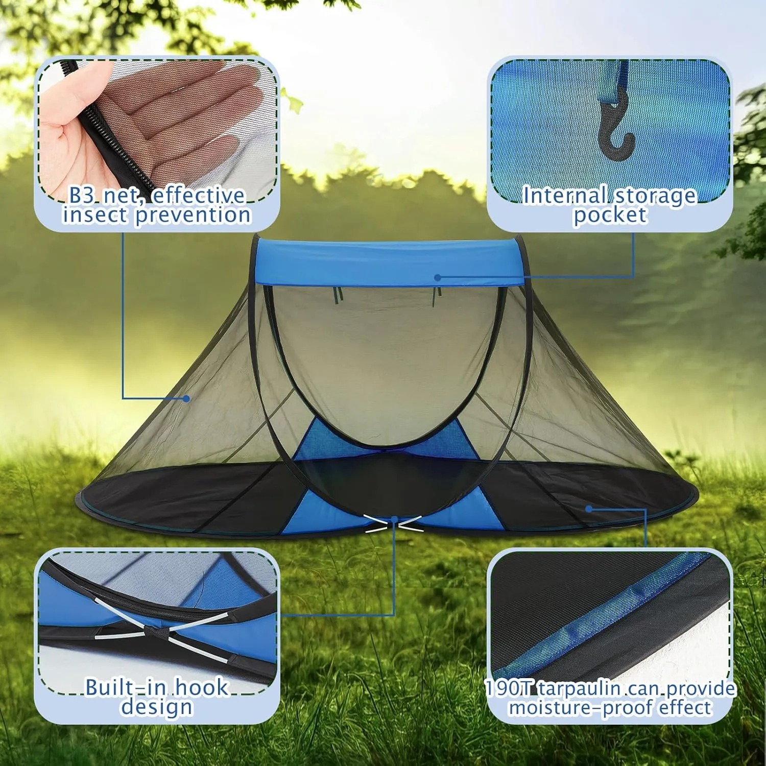 2 Pcs Pop up Mosquito Tent Outdoor for Camping One Person Bug Net Pop up Screen Tents Foldable Portable Waterproof Freestanding Insect Net for Summer Camp Bed Camping(Blue)