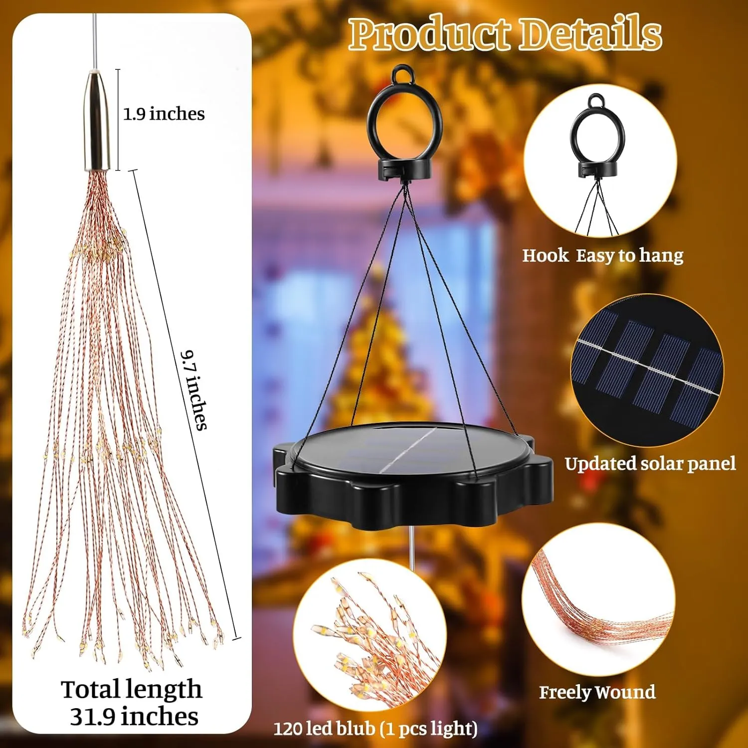2 PCS Solar Lights Outdoor Solar Firework 240 LED Solar Powered Hanging Lights Outdoor Waterproof Hanging Fairy Garden Landscape Christmas Decorations