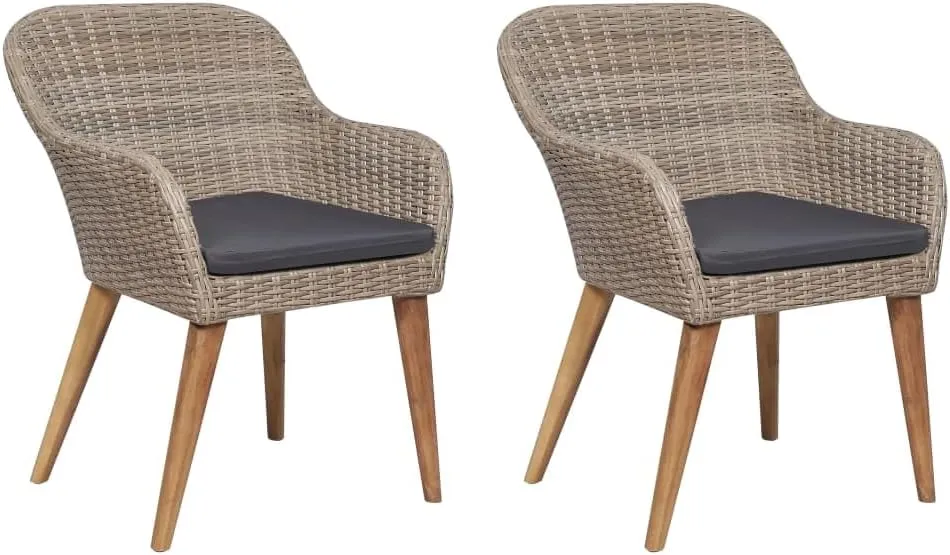 2-Piece Brown PE Rattan Outdoor Dining Chairs with Dark Gray Cushions, Patio Furniture Set with Weather-Resistant Steel Frame for Garden Balcony Backyard