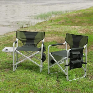 2-Piece Padded Folding Outdoor Chair Set with Side Table and Storage Pockets, Lightweight Oversized for Camping and Picnics, Green