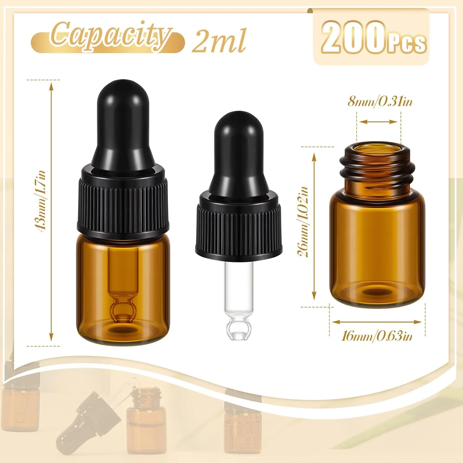 200 Pcs Mini Glass Dropper Bottles Mini Sample Bottles Small Sample Vials with Lid for Traveling Essential Oils Cosmetic Liquid Perfume(2 ml,Amber)