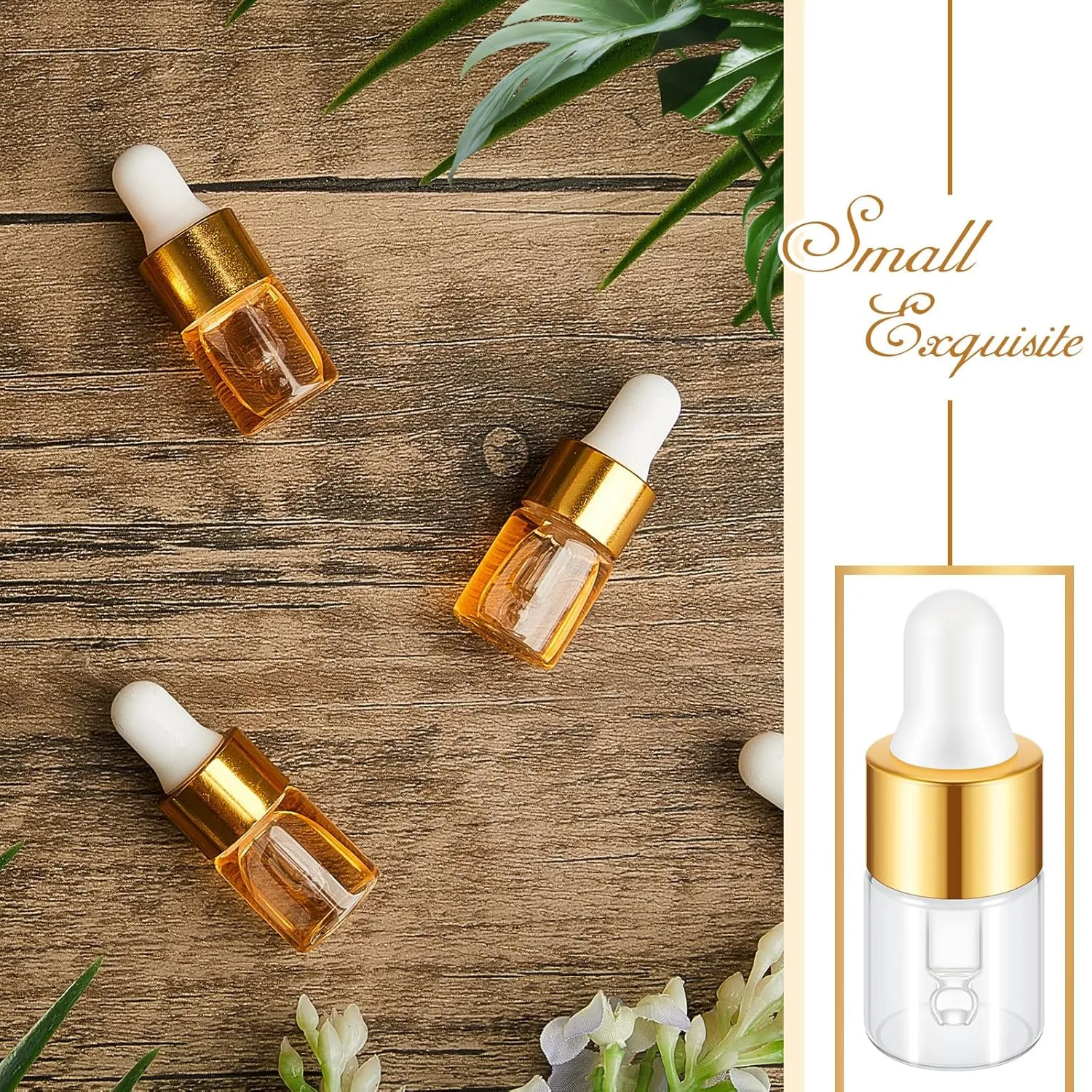 200 Pcs Mini Glass Dropper Bottles Mini Sample Bottles Small Sample Vials with Lid for Traveling Essential Oils Cosmetic Liquid Perfume(2 ml,Gold)