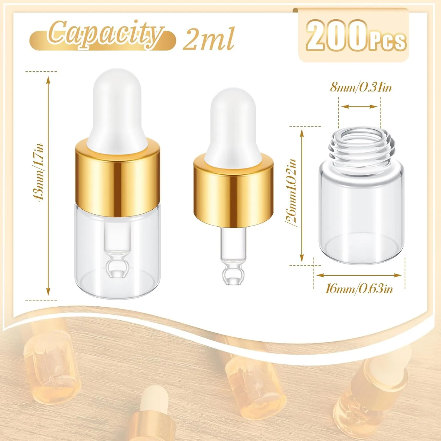 200 Pcs Mini Glass Dropper Bottles Mini Sample Bottles Small Sample Vials with Lid for Traveling Essential Oils Cosmetic Liquid Perfume(2 ml,Gold)