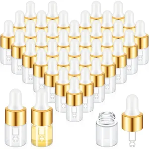 200 Pcs Mini Glass Dropper Bottles Mini Sample Bottles Small Sample Vials with Lid for Traveling Essential Oils Cosmetic Liquid Perfume(2 ml,Gold)