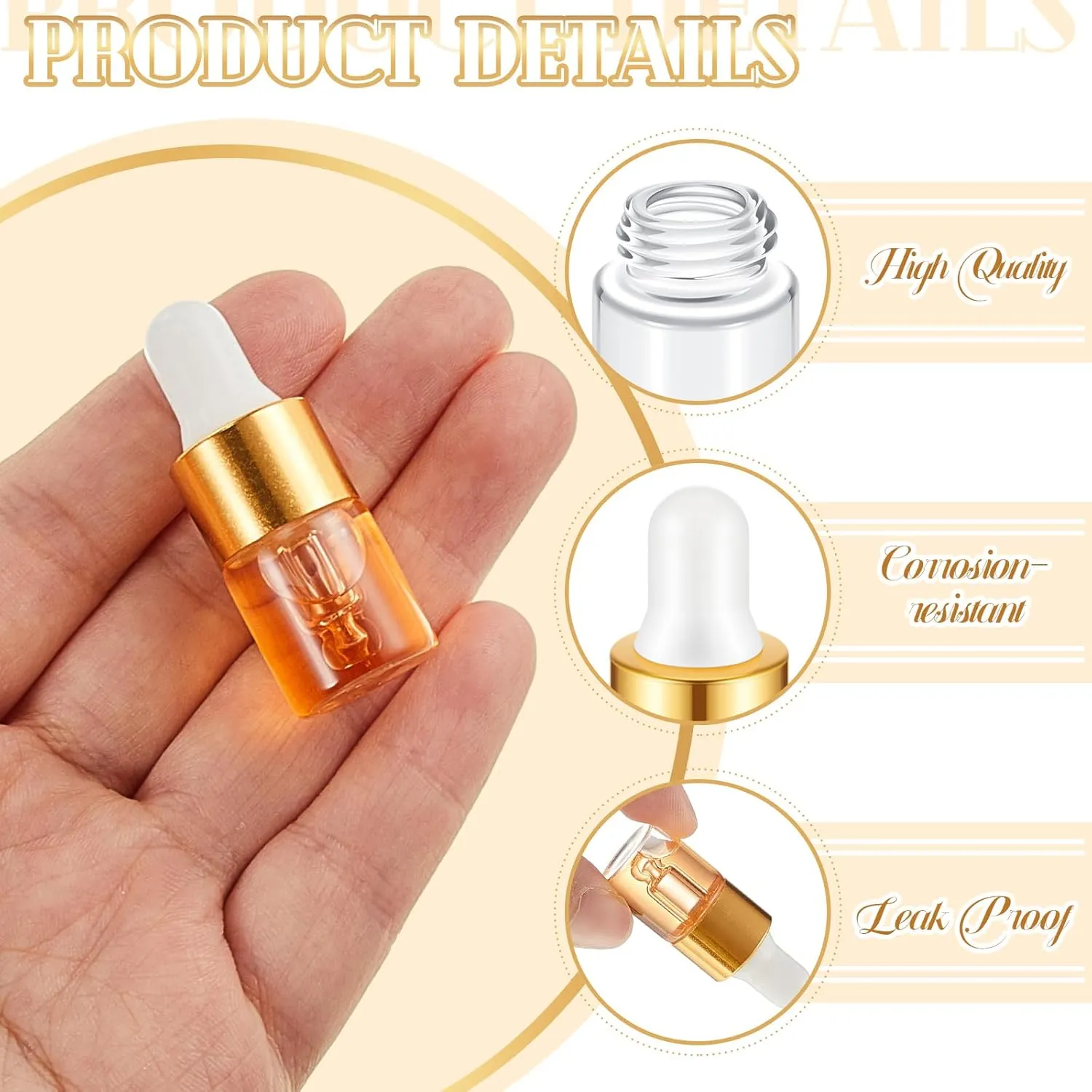 200 Pcs Mini Glass Dropper Bottles Mini Sample Bottles Small Sample Vials with Lid for Traveling Essential Oils Cosmetic Liquid Perfume(2 ml,Gold)
