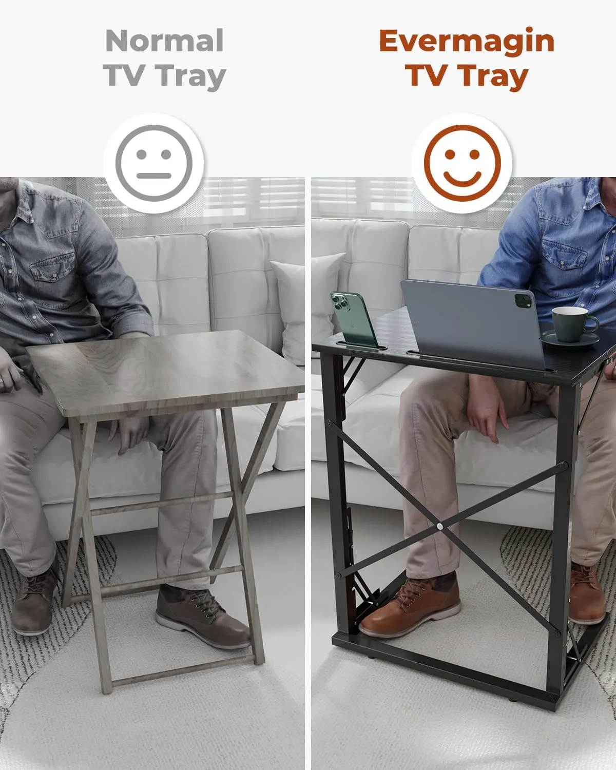21''Wx28''H Folding TV Tray, Small Foldable C-Shaped End Table for Eating with Tablet and Phone Slots, Slide Under Couch Side Table for Recliner, Living Room, Bedroom, Greige