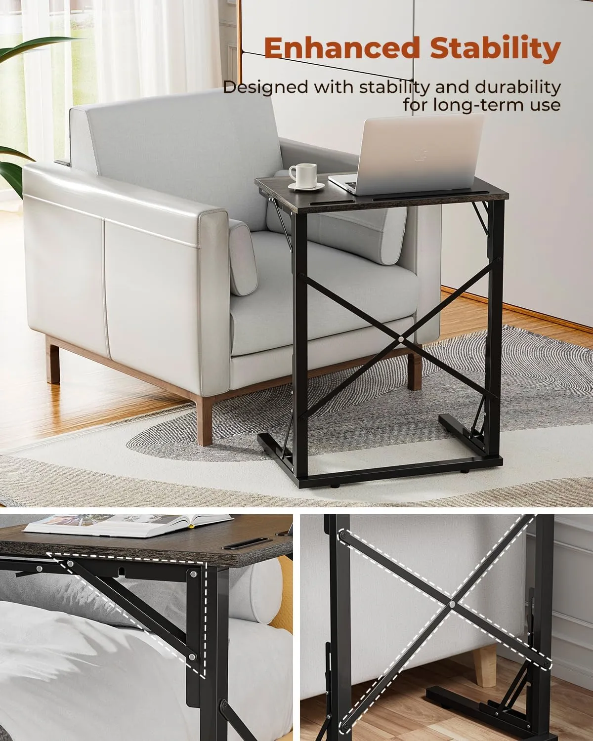 21''Wx28''H Folding TV Tray, Small Foldable C-Shaped End Table for Eating with Tablet and Phone Slots, Slide Under Couch Side Table for Recliner, Living Room, Bedroom, Greige