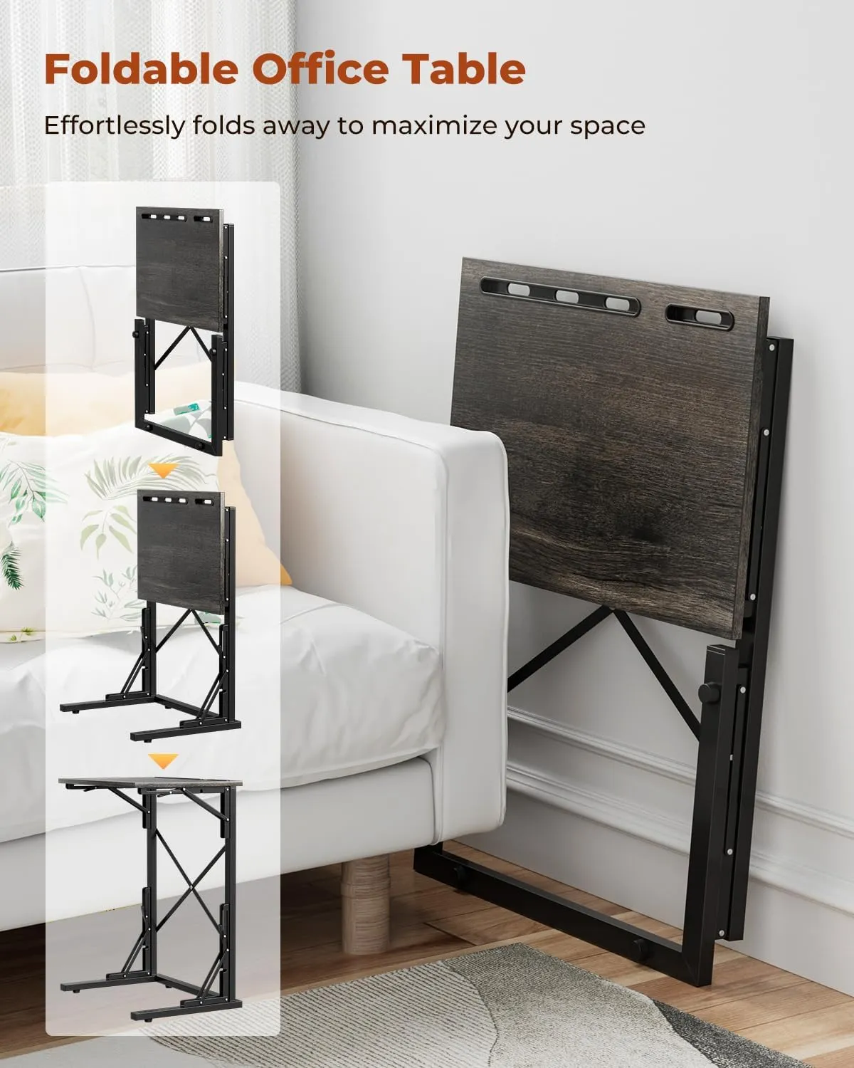 21''Wx28''H Folding TV Tray, Small Foldable C-Shaped End Table for Eating with Tablet and Phone Slots, Slide Under Couch Side Table for Recliner, Living Room, Bedroom, Greige