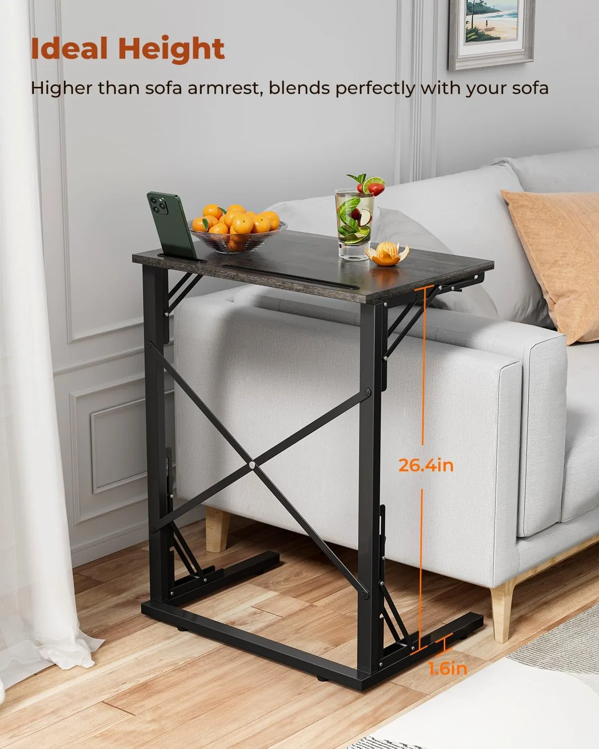 21''Wx28''H Folding TV Tray, Small Foldable C-Shaped End Table for Eating with Tablet and Phone Slots, Slide Under Couch Side Table for Recliner, Living Room, Bedroom, Greige