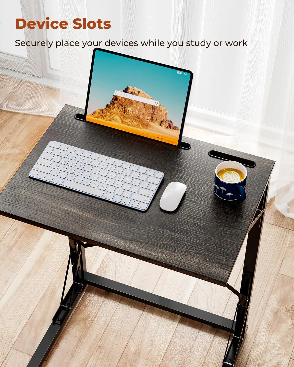 21''Wx28''H Folding TV Tray, Small Foldable C-Shaped End Table for Eating with Tablet and Phone Slots, Slide Under Couch Side Table for Recliner, Living Room, Bedroom, Greige