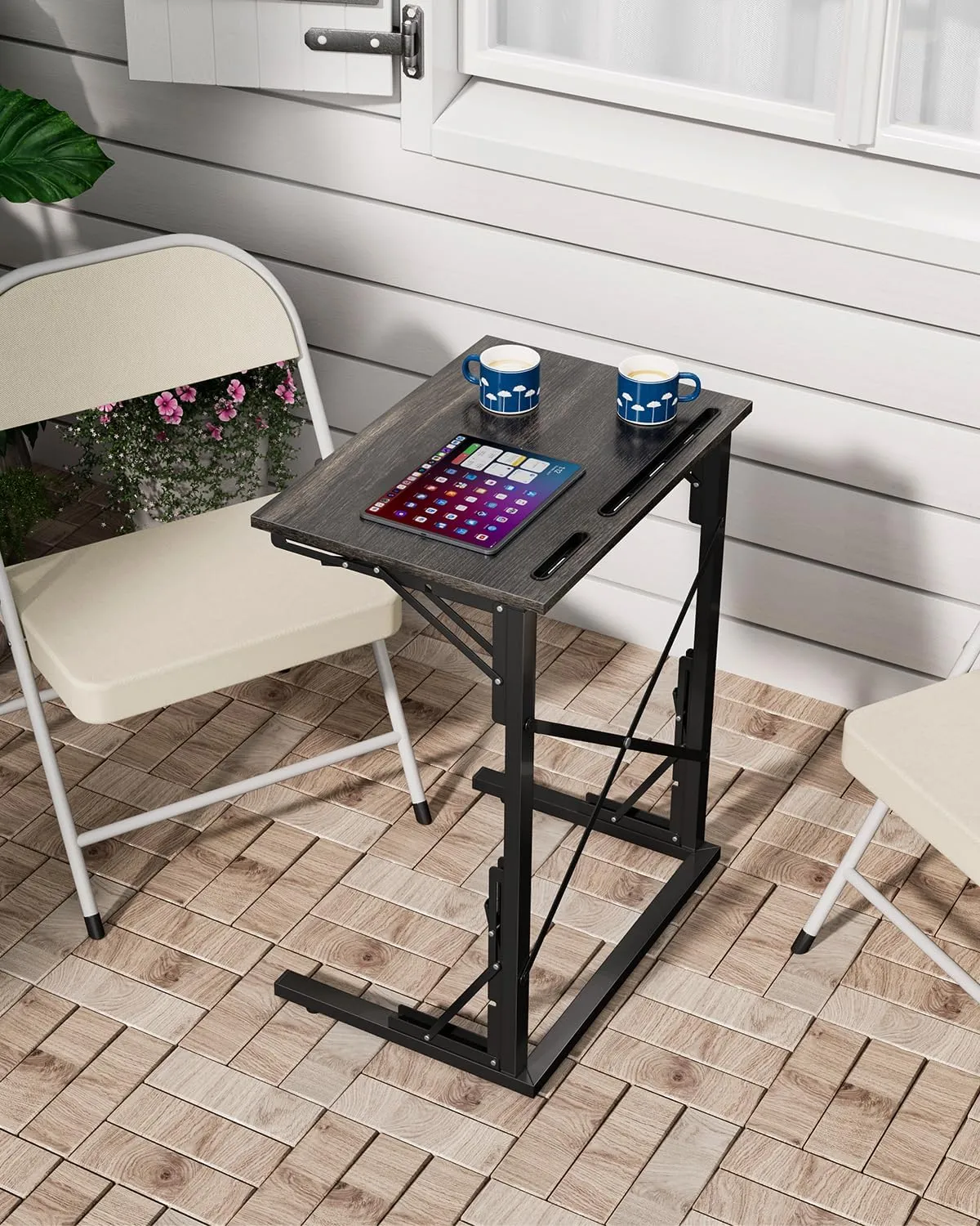 21''Wx28''H Folding TV Tray, Small Foldable C-Shaped End Table for Eating with Tablet and Phone Slots, Slide Under Couch Side Table for Recliner, Living Room, Bedroom, Greige