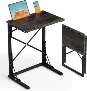 21''Wx28''H Folding TV Tray, Small Foldable C-Shaped End Table for Eating with Tablet and Phone Slots, Slide Under Couch Side Table for Recliner, Living Room, Bedroom, Greige