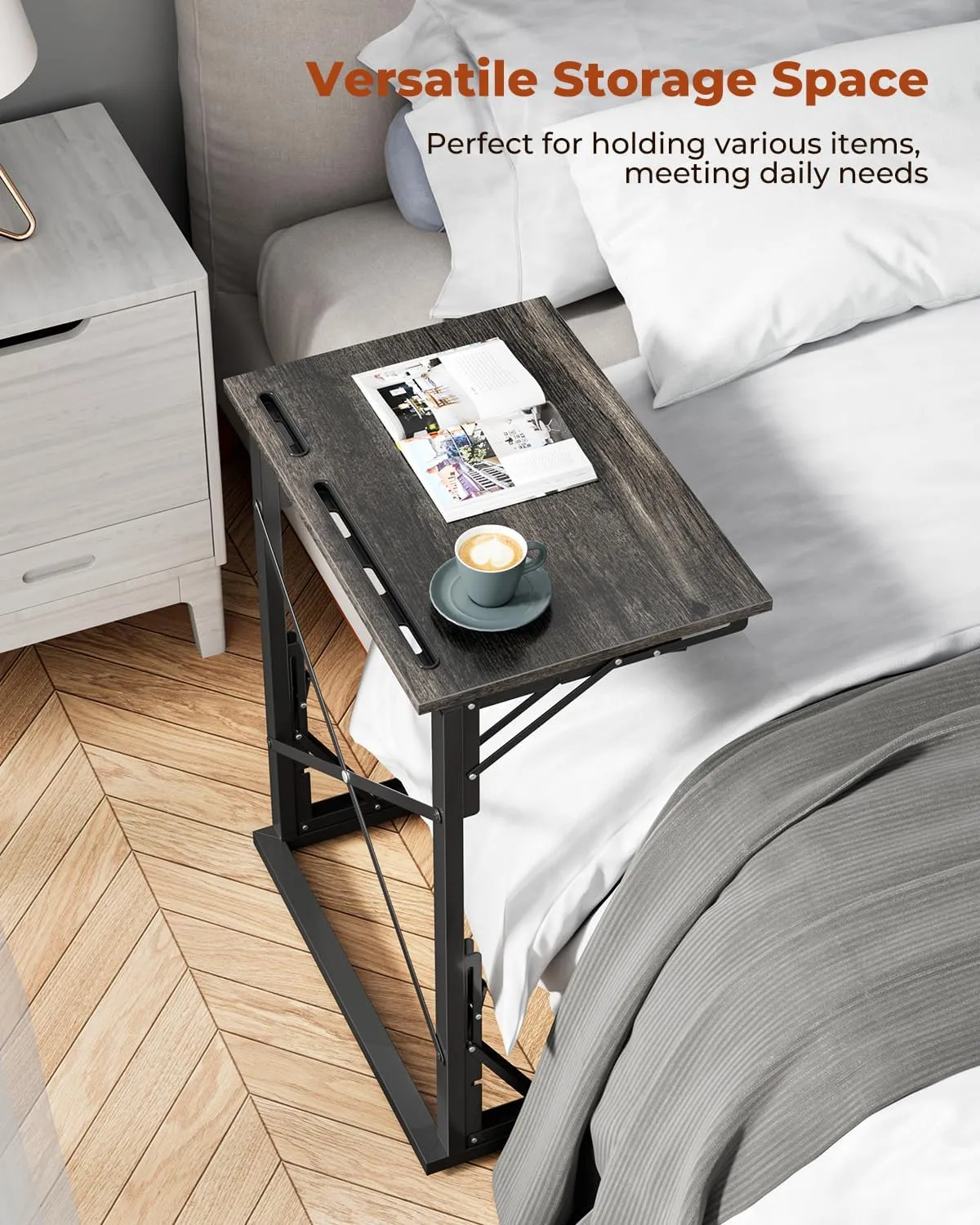 21''Wx28''H Folding TV Tray, Small Foldable C-Shaped End Table for Eating with Tablet and Phone Slots, Slide Under Couch Side Table for Recliner, Living Room, Bedroom, Greige