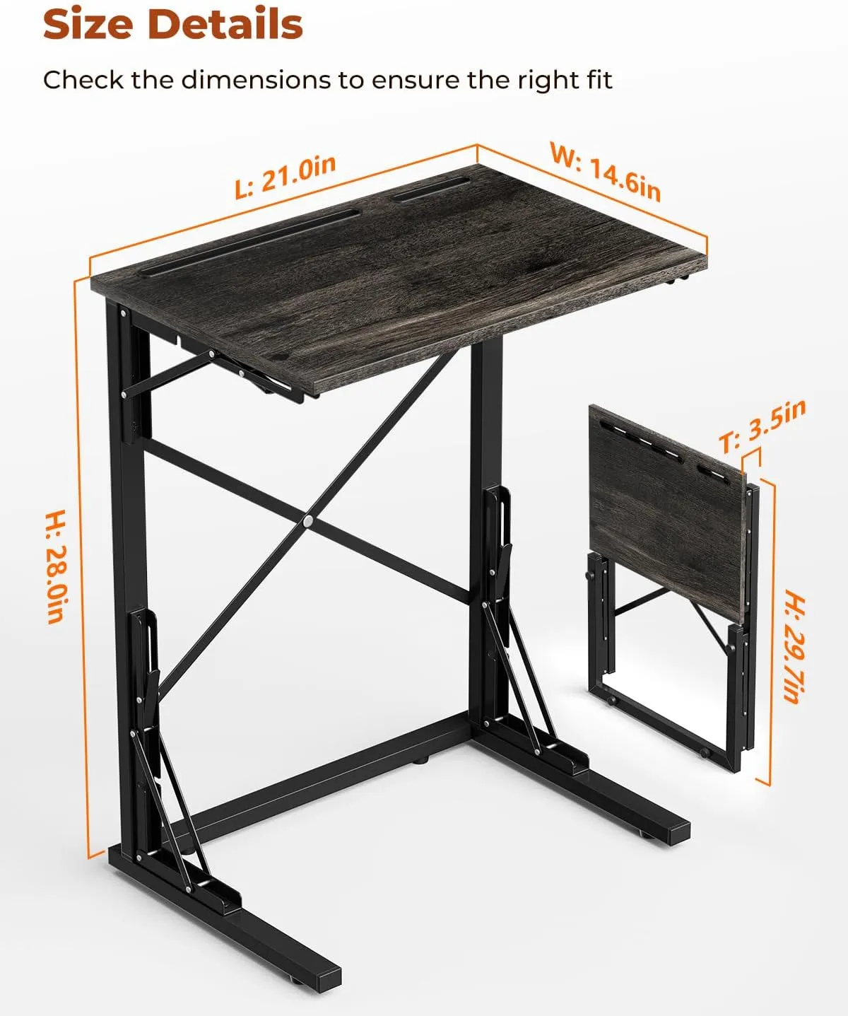 21''Wx28''H Folding TV Tray, Small Foldable C-Shaped End Table for Eating with Tablet and Phone Slots, Slide Under Couch Side Table for Recliner, Living Room, Bedroom, Greige