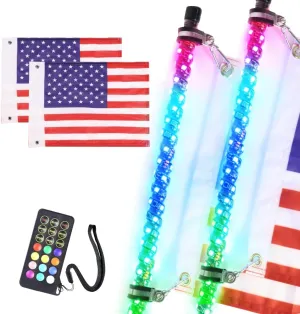 2PCS 3FT RF Remote Control LED Whips Light with Dacning/Chasing Light for Off- Road Vehicle ATV UTV RZR Jeep Trucks Dunes