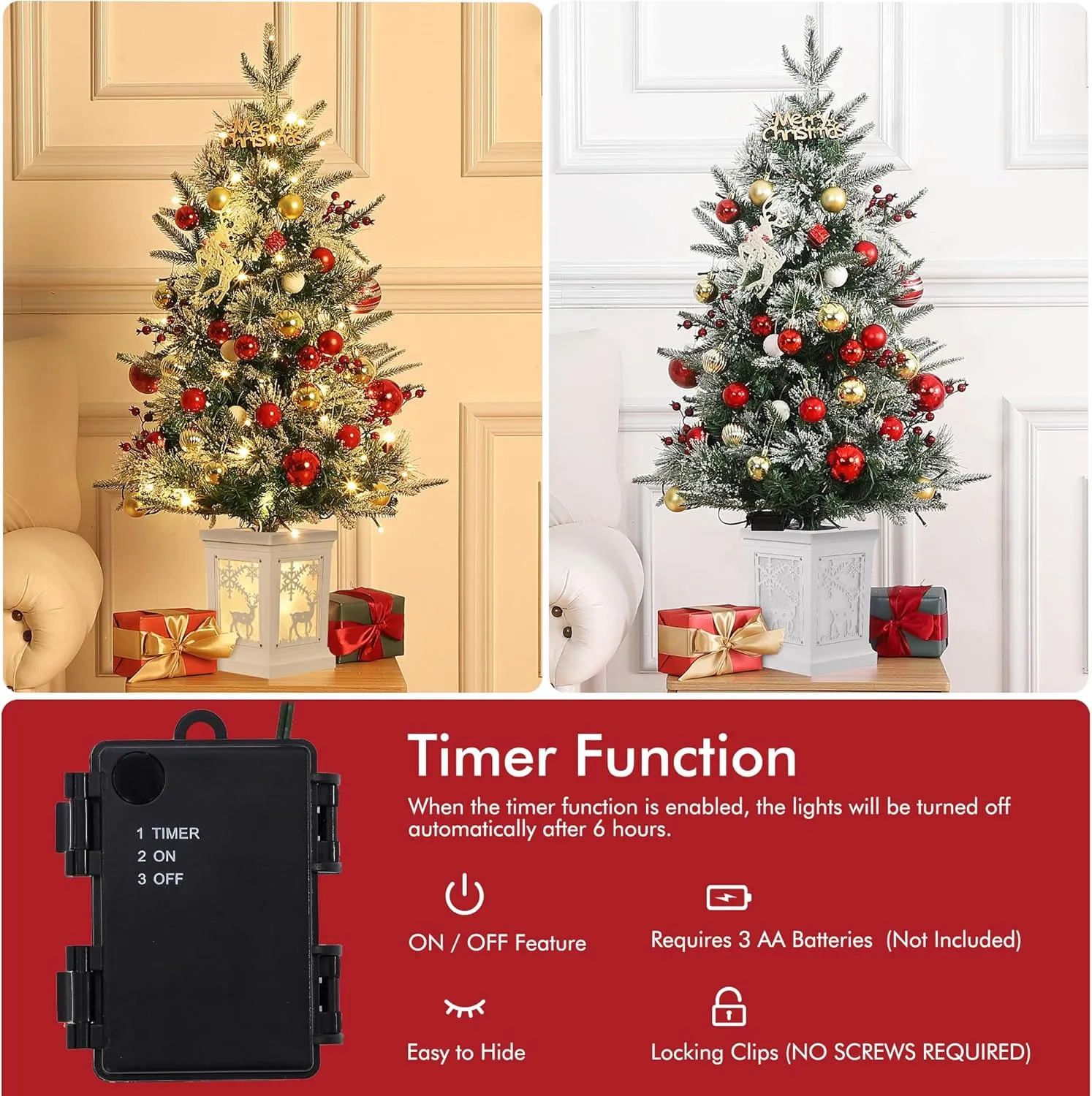 3 Ft Pre-Lit Christmas Tree, Artificial Christmas Trees with Lighting Elk Base, Snow Flocked Xmas Trees with 70 LED Lights, Battery Operated and Timer Function, Christmas Decoration for Home
