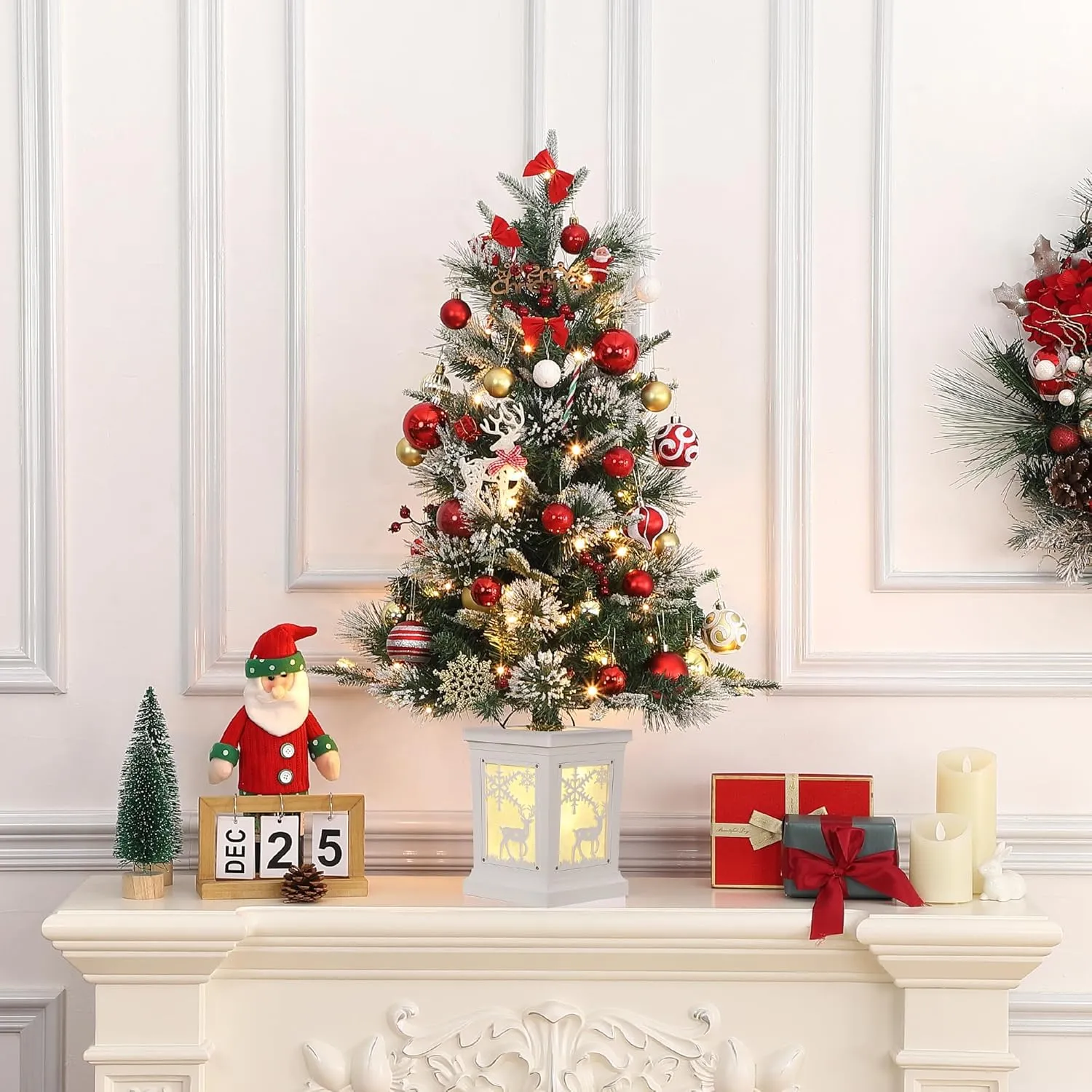 3 Ft Pre-Lit Christmas Tree, Artificial Christmas Trees with Lighting Elk Base, Snow Flocked Xmas Trees with 70 LED Lights, Battery Operated and Timer Function, Christmas Decoration for Home
