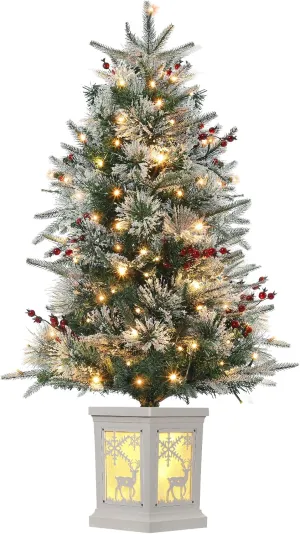 3 Ft Pre-Lit Christmas Tree, Artificial Christmas Trees with Lighting Elk Base, Snow Flocked Xmas Trees with 70 LED Lights, Battery Operated and Timer Function, Christmas Decoration for Home
