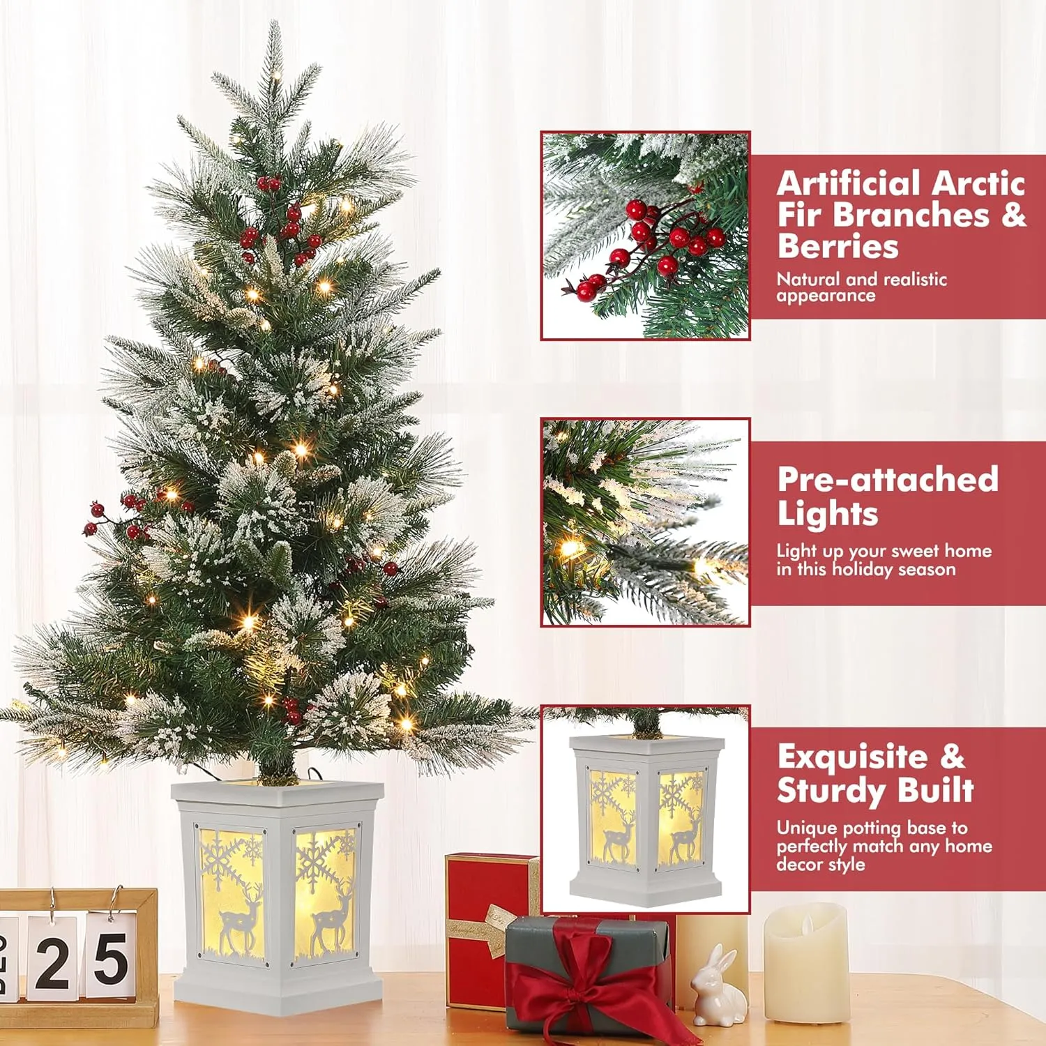 3 Ft Pre-Lit Christmas Tree, Artificial Christmas Trees with Lighting Elk Base, Snow Flocked Xmas Trees with 70 LED Lights, Battery Operated and Timer Function, Christmas Decoration for Home
