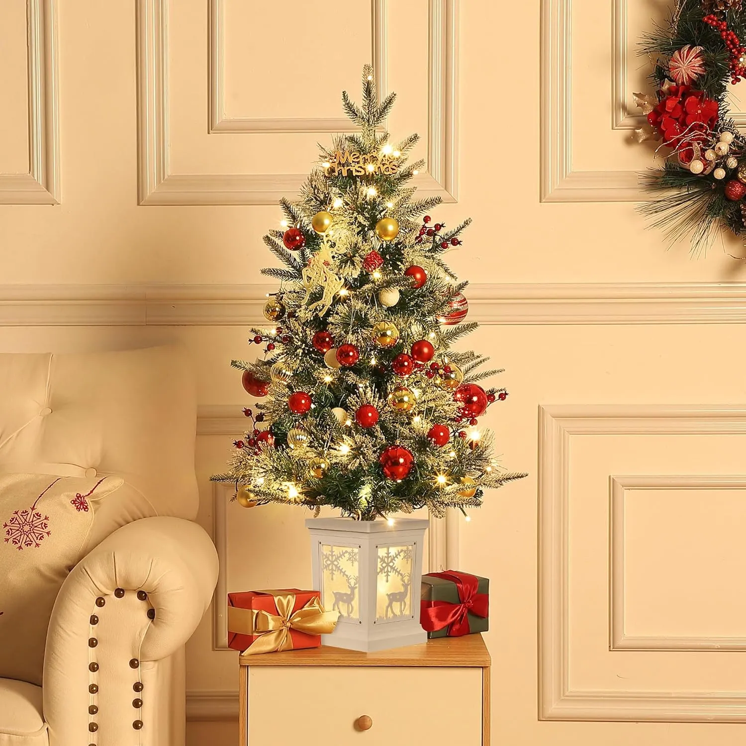 3 Ft Pre-Lit Christmas Tree, Artificial Christmas Trees with Lighting Elk Base, Snow Flocked Xmas Trees with 70 LED Lights, Battery Operated and Timer Function, Christmas Decoration for Home