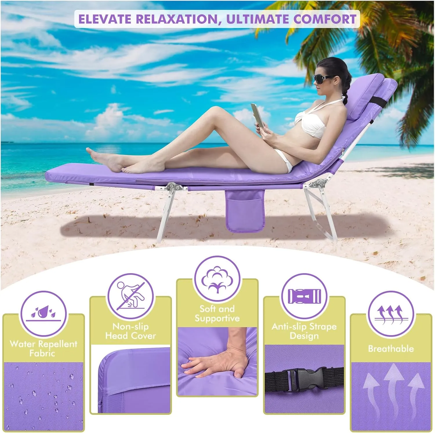 3 in 1 Women Comfort Backpack Tanning Beach Chair with Face Hole & Cushion | Portable Folding Lounge Sun Chair for Adults Outside Reading Sunbathing Poolside | Reclining 6 Position | 2 Pack
