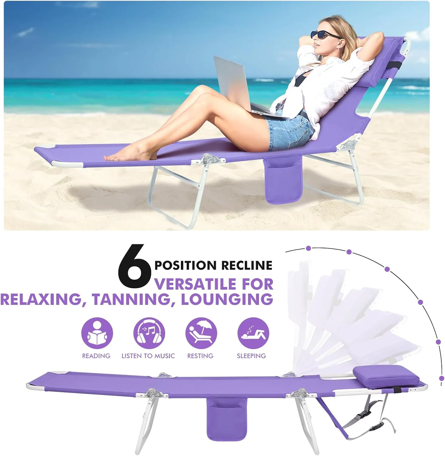 3 in 1 Women Comfort Backpack Tanning Beach Chair with Face Hole & Cushion | Portable Folding Lounge Sun Chair for Adults Outside Reading Sunbathing Poolside | Reclining 6 Position | 2 Pack