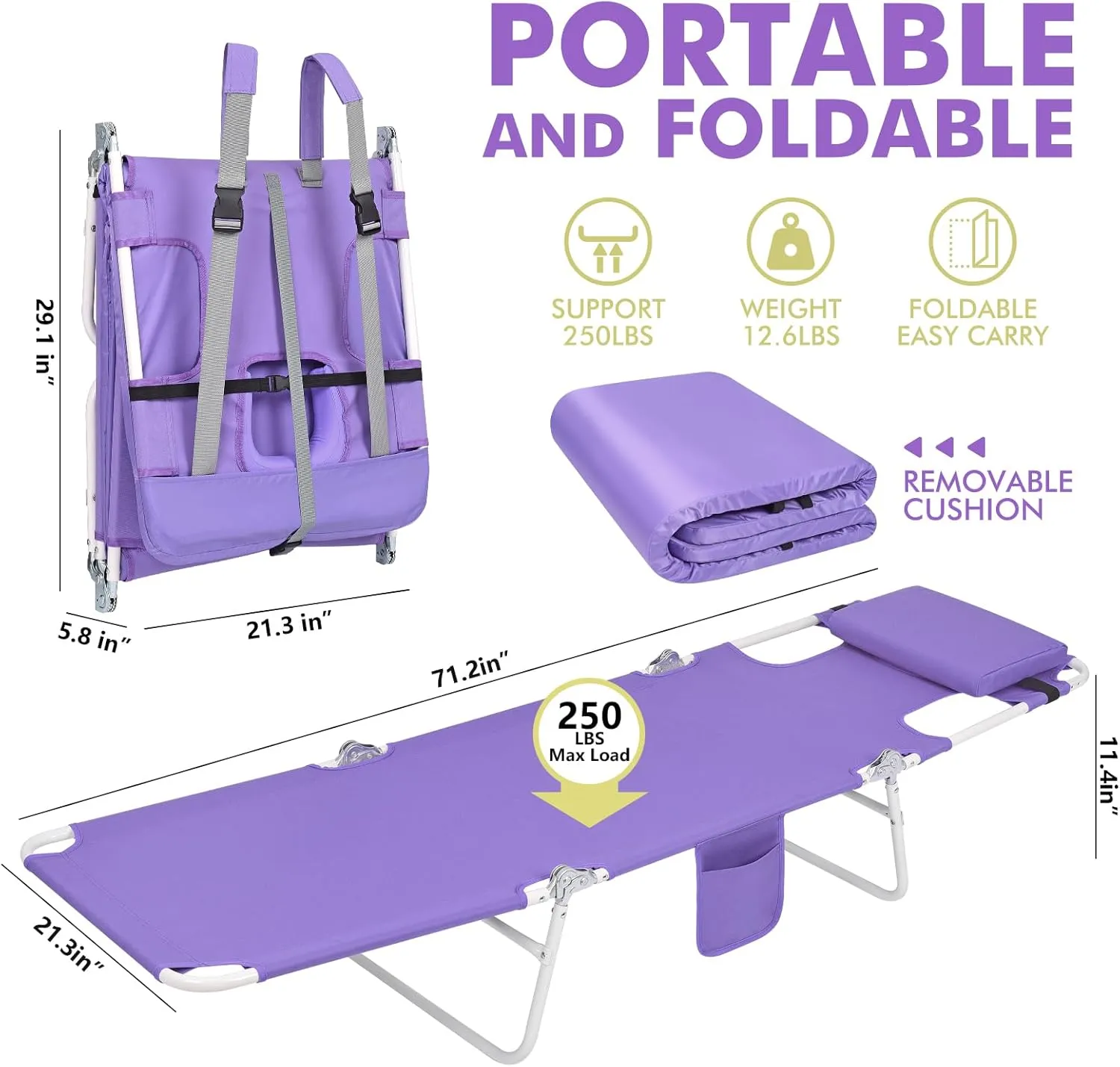 3 in 1 Women Comfort Backpack Tanning Beach Chair with Face Hole & Cushion | Portable Folding Lounge Sun Chair for Adults Outside Reading Sunbathing Poolside | Reclining 6 Position | 2 Pack