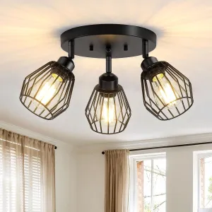 3-Light Kitchen Light Fixtures Ceiling Mount, Adjustable Multi-Directional Farmhouse Black Metal Cage Flush Mount Ceiling Light Fixtures for Hallway Dining Room Entryway